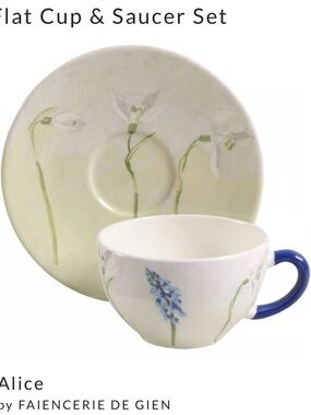 RARE Gien France Alice blue floral snowdrop flowers cup and saucer like new